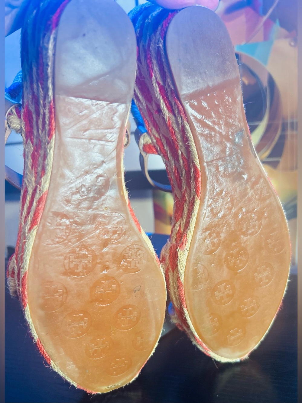 Tory Burch Red/Pink and Tan Camelia Espadrille Wedge Sandals - Picture 10 of 10